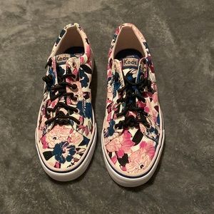 pink and blue flowery slip on keds